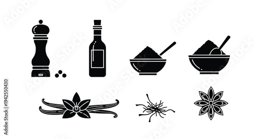 Black silhouettes of spices seasonings and kitchen items a culinary collection silhouette