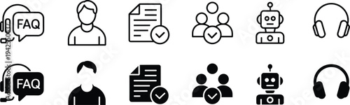 Customer support icon set, communication and service artwork illustration, digital interface design inspiration, chatbot and FAQ symbols