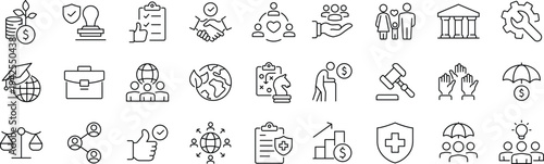 Social policy Web Icon Set in Line Style. Collection of Social services Linear Icons, Including, healthcare, family, education, protection, law, insurance, healthcare, reform and more.