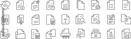 Document set of web icons in line style. Documents linear icon collection. Containing contract papers, folder, certificate, accept, approved, clipboard, invoice, archive and more.