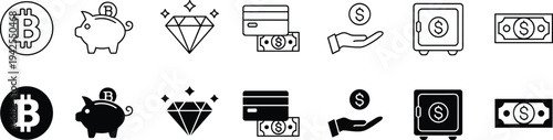 Financial icon set, cryptocurrency and banking artwork illustration, savings and wealth design inspiration, money and security symbols collection
