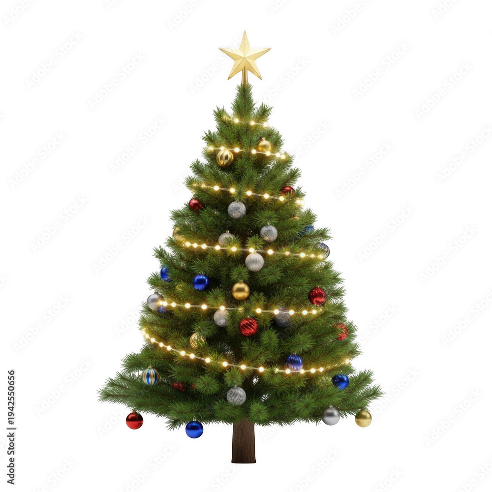 Obraz premium A beautifully decorated christmas tree with golden star and ornaments on top