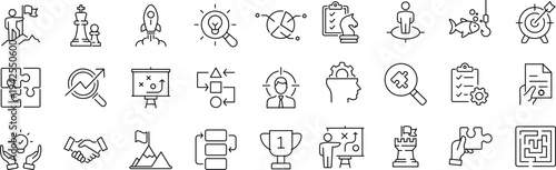 Business strategy set of web icons in line style. A collection of linear icon representing key business concepts, including market analysis, strategy, leadership, innovation, planning.