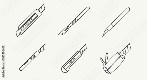 Line art illustrations of various cutting tools and blades a minimalist silhouette