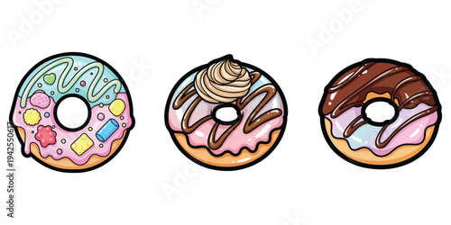 Deliciously decorated donuts with colorful frosting and sprinkles, a delightful treat