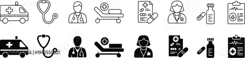 Medical icon set, healthcare and hospital artwork illustration, doctor and nurse design inspiration, emergency and medicine symbols collection