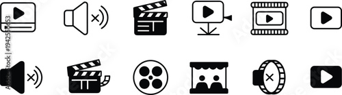 Multimedia icon set, video and audio artwork illustration, film and playback design inspiration, communication and entertainment symbols collection