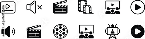 Multimedia icon set, video and audio artwork illustration, film and playback design inspiration, entertainment and communication symbols collection