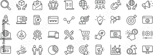 Digital marketing set of web icons in line style. Marketing icons for web and mobile app. Communication, advertising, ecommerce, seo, content, product, target audience, website, social media