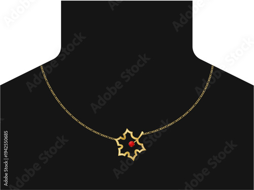 asymmetrical necklace design with a maple leaf pendant and red Swarovski, figaro chains