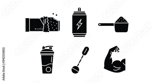 Energy drink protein and fitness icons depicted in a black silhouette
