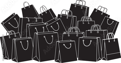 Collection of black shopping bags with white outlines stacked