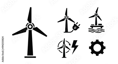 Black wind turbines and energy icons depicted in a stark silhouette