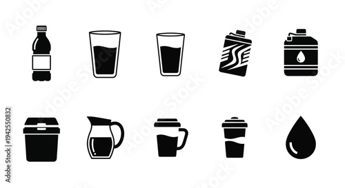 Collection of beverage container icons in black minimalist silhouette high quality