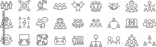 Team Web Icon Set in Line Style. Collection of Teamwork Linear Icons, Including team building, workshop, human resources, business people, group, team, organization, community.