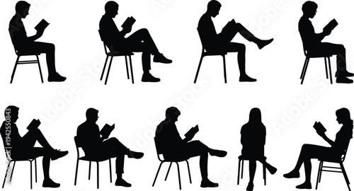 Silhouette collection of people reading books, leisure activity artwork illustration, education and knowledge design inspiration, lifestyle icon set