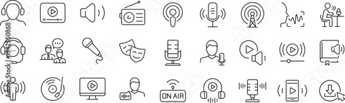Podcast set of web icons in line style. Podcast radio linear icon collection. Containing microphone, radio, webcast, broadcast, audio, channel, video, headphones, news, and more.