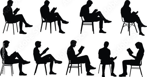 Silhouette collection of people reading books, leisure activity artwork illustration, education and knowledge design inspiration, lifestyle icon set