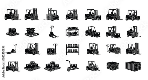 Collection of black forklift and warehouse equipment icons in a repeating pattern silhouette