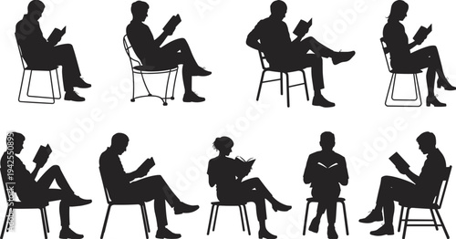 Silhouette collection of people reading books, leisure activity artwork illustration, education and knowledge design inspiration, lifestyle icon set