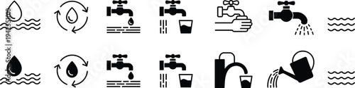 Water and sustainability icon set, conservation and recycling artwork illustration, irrigation and purification design inspiration, environmental symbols collection