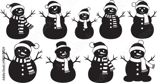 Black Silhouette Snowmen in Various Poses and Hats Winter