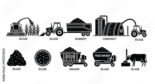 Farm machinery and silage production depicted in black silhouettes high quality