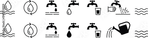 Water usage icons, conservation symbols, recycling droplet, faucet dripping, drinking water, irrigation, handwashing, eco sustainability, resource management, environmental design