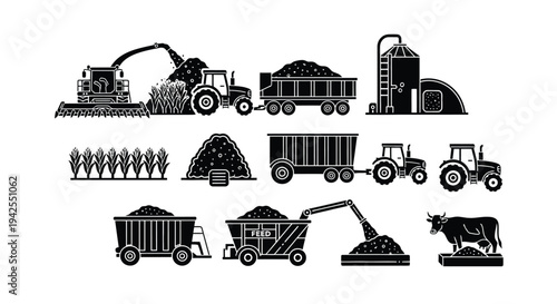 Agricultural machinery and harvest elements in a striking black silhouette