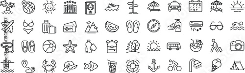 Summer set of web icons in line style. Summer vacation icons for web and mobile app. Travel, beach, tourism, summer holidays, hotel, relax, beach, luggage, passport, sunglasses.