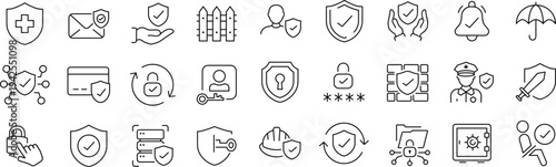 Protection Web Icon Set. Collection of Security Linear Icons, Including defense, safe, safety and security, alarm, encryption, cybersecurity, locked, shield, guard, lock