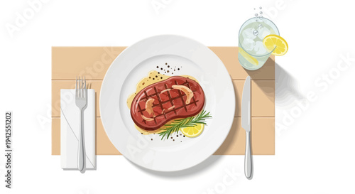 Delicious grilled steak on a plate with a refreshing glass of lemonade
