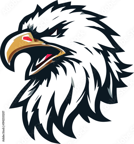 Vector eagle head illustration, white and gold, profile view
