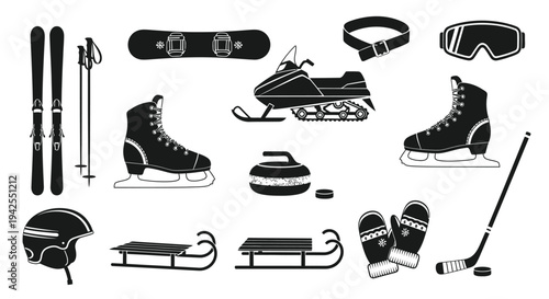 Winter sports equipment collection in a striking black silhouette high quality
