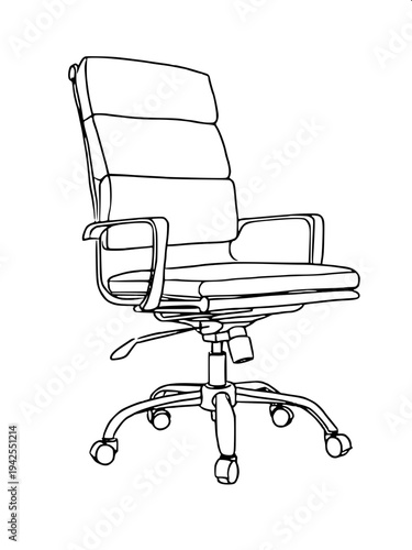 “Black and white line art illustration of a modern gaming chair with high backrest, headrest cushion, armrests and rolling base, clean outline vector style, isolated on white background, coloring book