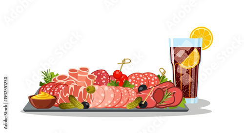 Delicious charcuterie board with cold cuts, olives, and refreshing drink