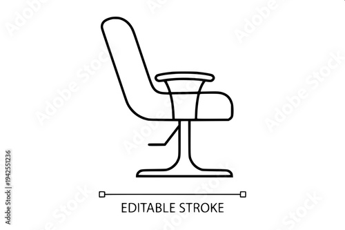“Black and white line art illustration of a modern gaming chair with high backrest, headrest cushion, armrests and rolling base, clean outline vector style, isolated on white background, coloring book