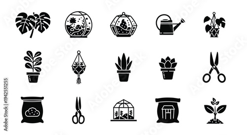 Botanical icons set including plants tools and greenhouse black silhouette