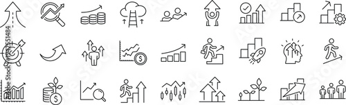 Growth Web Icon Set. Collection of Upskill Linear Icons, Including professional, personal, financial growth, progress, career, arrows up, goal, development and more