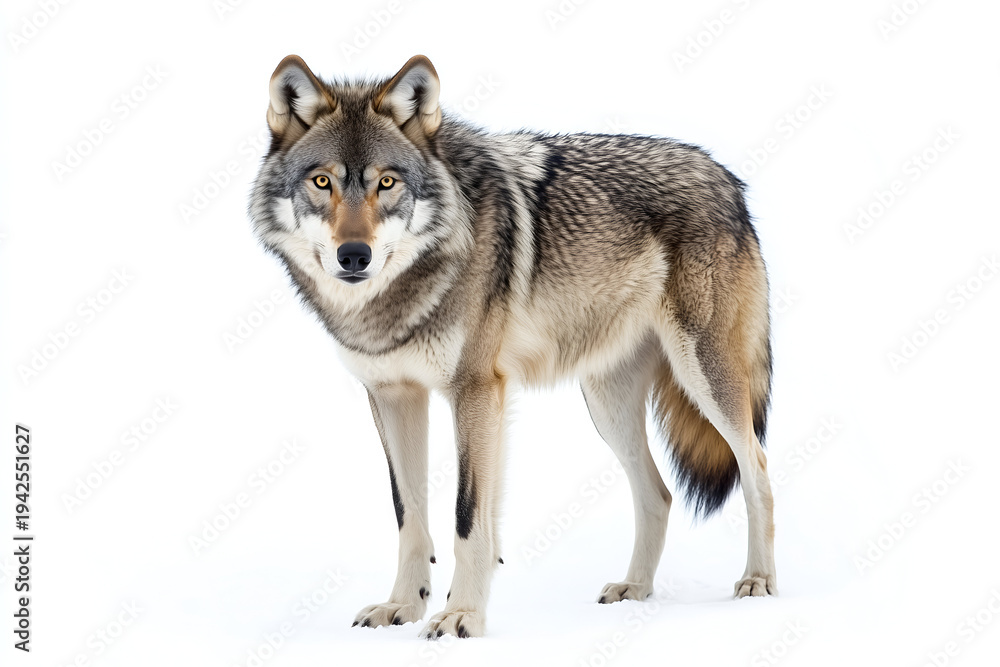 Obraz premium Full body portrait of a grey wolf standing isolated on a white background