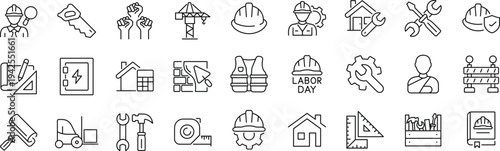 Labor Web Icon Set. Collection of Construction Linear Icons, Including labour day, renovation, repair, work tools, materials, workers, building, business and more