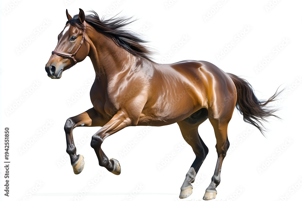 Fototapeta premium Bay horse galloping fast with mane blowing isolated on a white background
