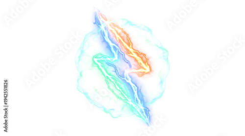 Colorful abstract lightning bolt with smoke effect isolated on transparent background, vibrant energy design element for posters and advertisements