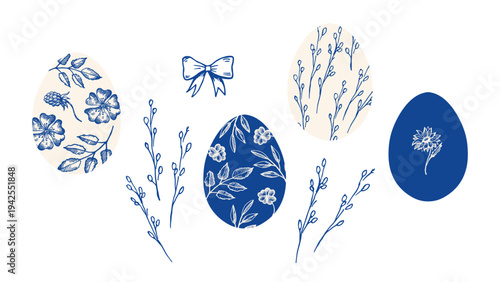 Botanical Easter eggs in rustic blue ink style. Vintage blue and white collection with willow branches, bow, floral ornaments. Hand drawn vector illustration on isolated background. Festive doodle