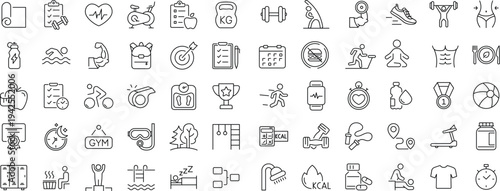 Sport and Fitness icon set with editable stroke. Healthy lifestyle thin line icon collection. Gym and health care icons. Vector