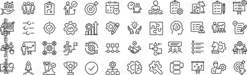 Action plan set of web icons in line style. Strategy action planning icons for web and mobile app. Containing strategy, analysis, planning, strategy, analysis, tasks, goal, implementation