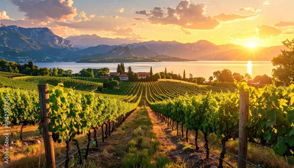 Obraz premium Vineyards bathed in golden sunlight overlooking a tranquil lake and mountains