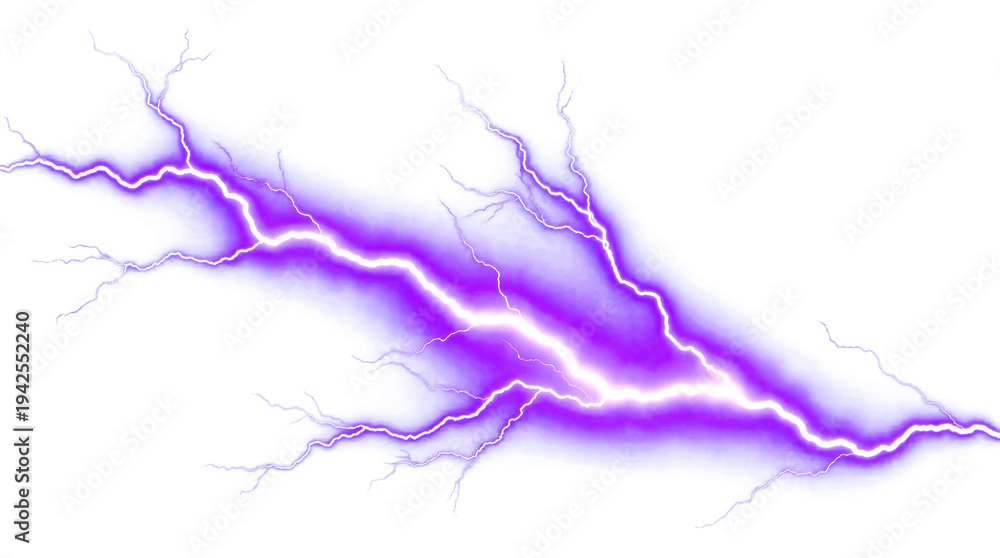 Obraz premium Purple lightning bolt with glow effect isolated on transparent background, electric shock illustration for energy and weather designs