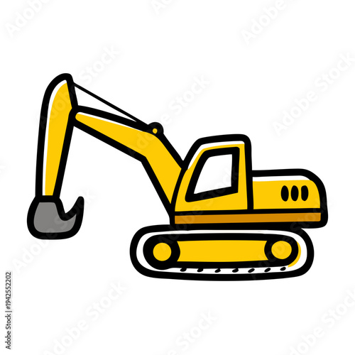 Yellow crawler excavator with a bucket. Industrial machinery. Construction machinery. Vector illustration. Isolated on white background.