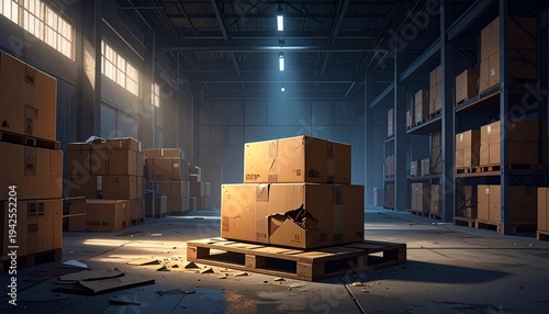 A dimly lit, industrial warehouse featuring a damaged cardboard box on a wooden pallet. A single overhead light casts a dramatic spotlight on the torn package amidst scattered debris and shadows.